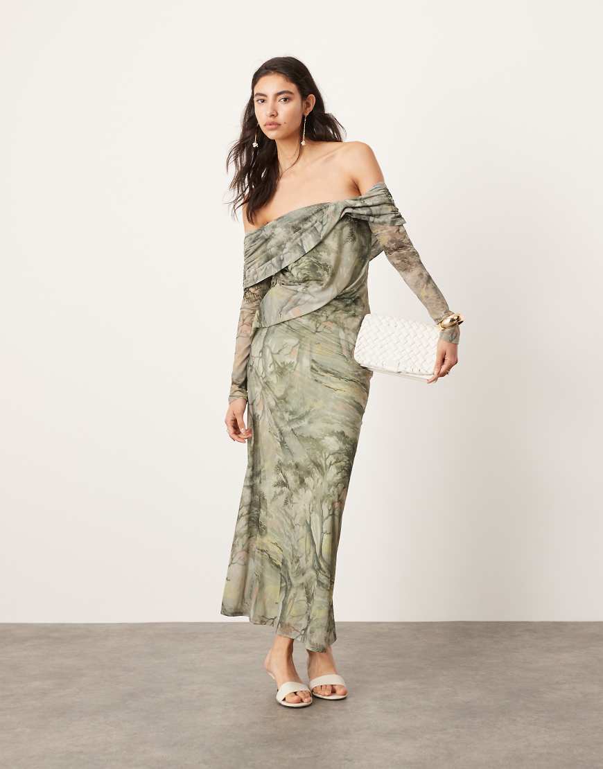 ASOS EDITION - Schulterfreies Midikleid aus Jersey-Netzstoff mit Landschaftsprint und mehrlagigem Design-Bunt ASOS EDITION - Schulterfreies Midikleid aus Jersey-Netzstoff mit Landschaftsprint und mehrlagigem Design-Bunt von ASOS EDITION