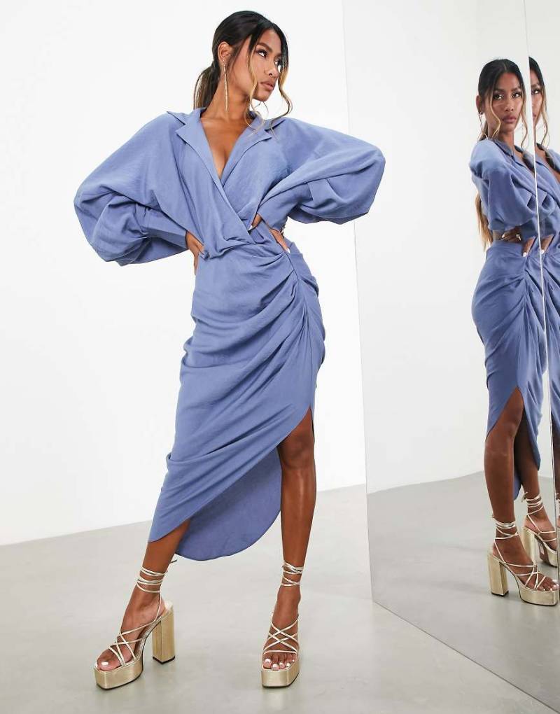 ASOS EDITION - Strukturiertes, drapiertes Midi-Hemdkleid in Blau mit Bindedetail von ASOS EDITION