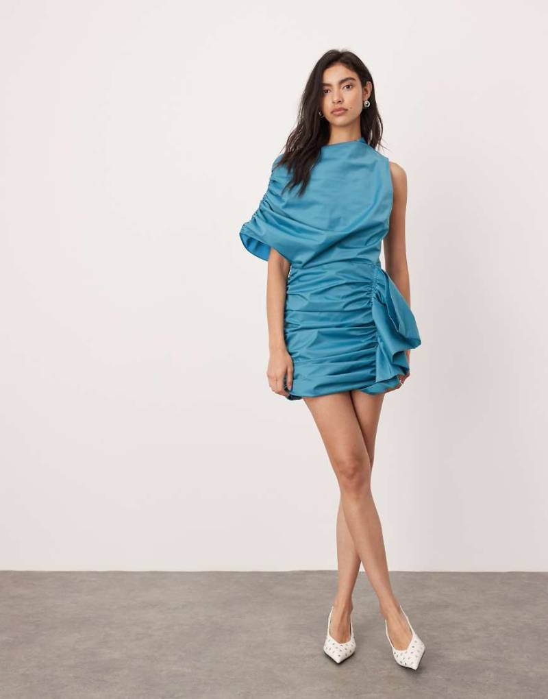 ASOS EDITION - Strukturiertes Minikleid in Blaugrün mit Raffung-Schwarz von ASOS EDITION