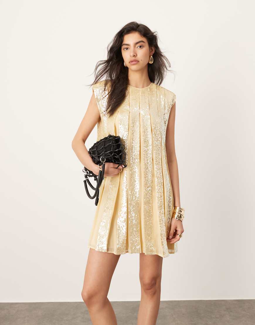 ASOS EDITION - Trapezförmiges, plissiertes Mini-Paillettenkleid in Cremeweiß von ASOS EDITION