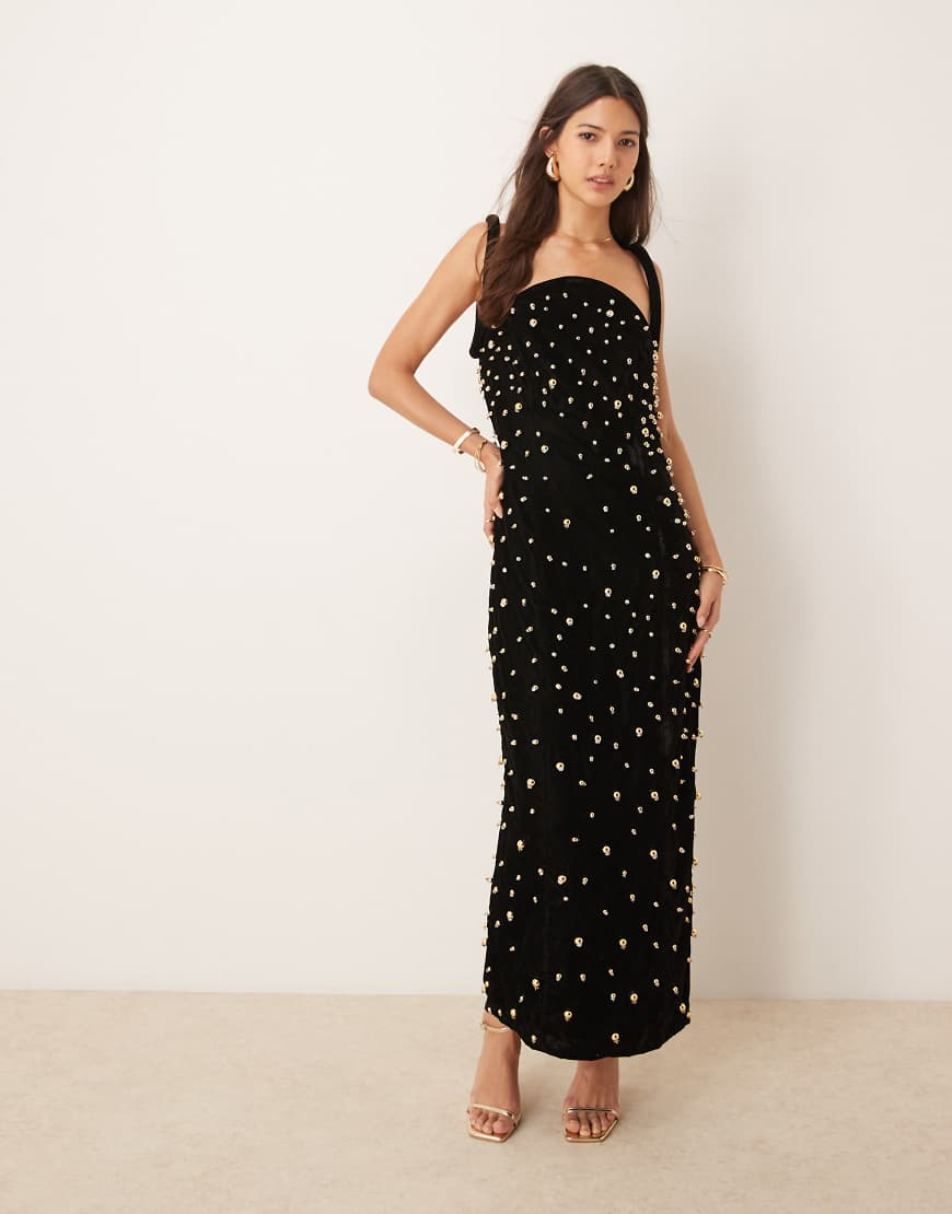 ASOS EDITION - Verziertes Midikleid aus schwarzem Samt mit Perlendetail von ASOS EDITION