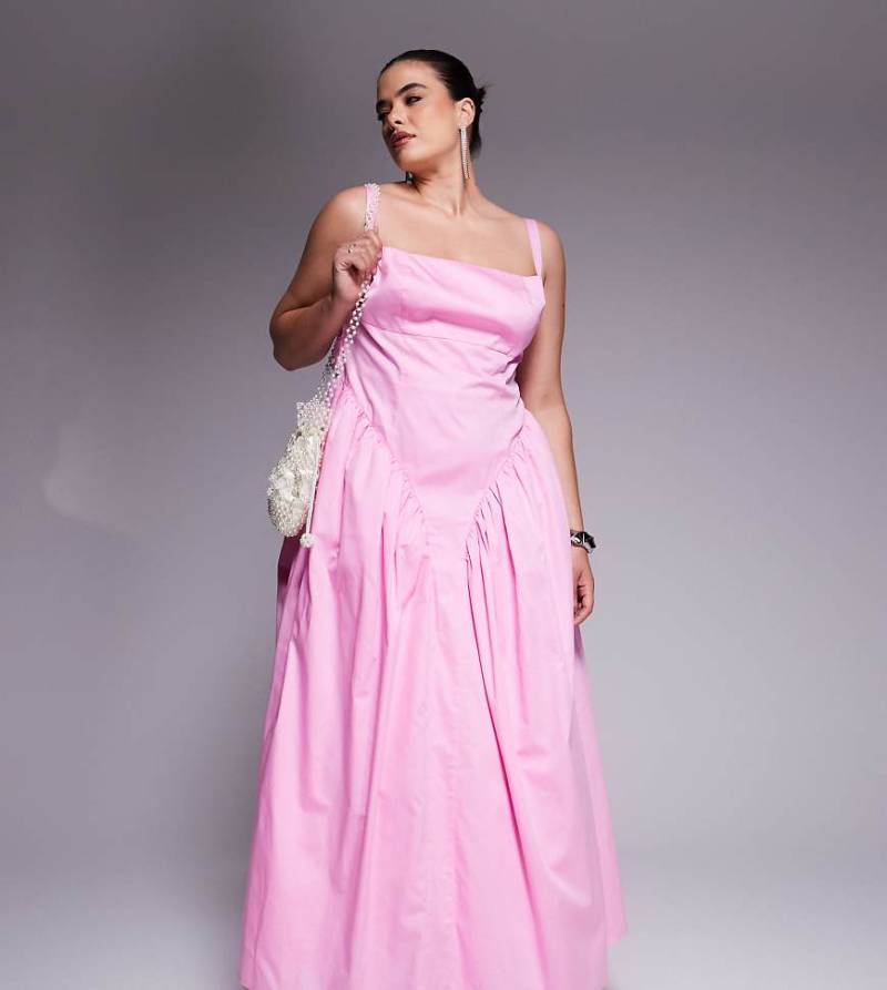 ASOS DESIGN Curve - Maxikleid aus Baumwoll-Satin in Rosa mit elastischer Taille und Schleife am Rücken von ASOS Luxe
