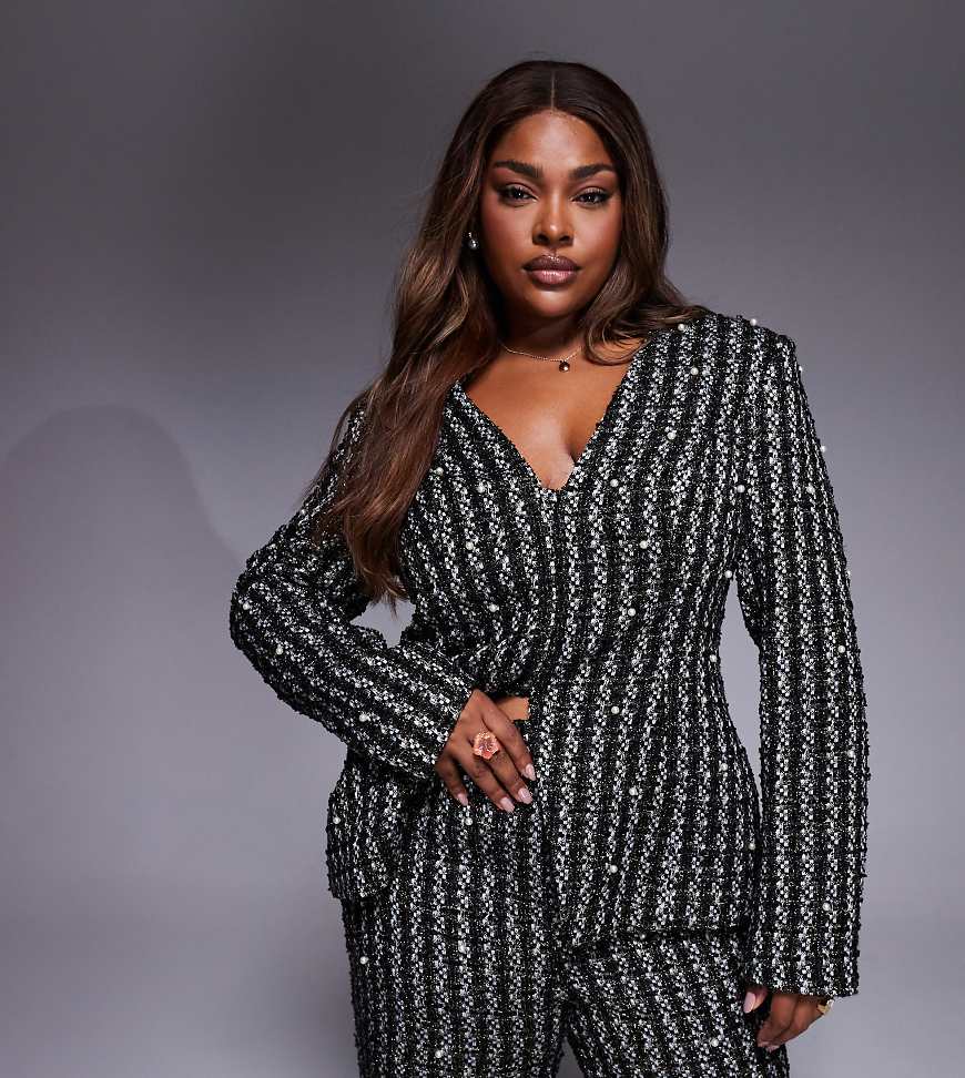 ASOS LUXE Curve - Bouclé-Blazer in Schwarz mit Perlenverzierung, Kombiteil von ASOS LUXE