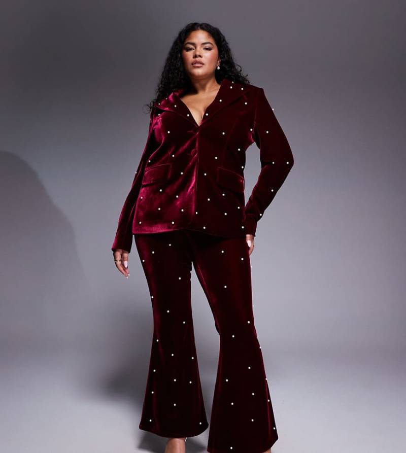 ASOS LUXE Curve - Elegante Hose in Burgunderrot mit Perlenverzierung, Kombiteil von ASOS Luxe