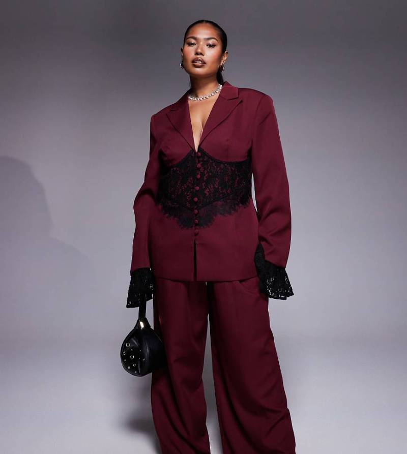 ASOS LUXE Curve - Elegante Hose mit weitem Bein in dunklem Kirschrot, Kombiteil von ASOS LUXE