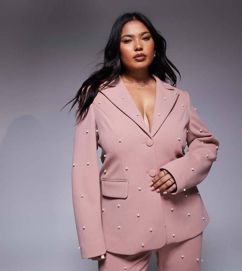 ASOS LUXE Curve - Eleganter Blazer in Staubrosa mit Zierperlen, Kombiteil von ASOS LUXE