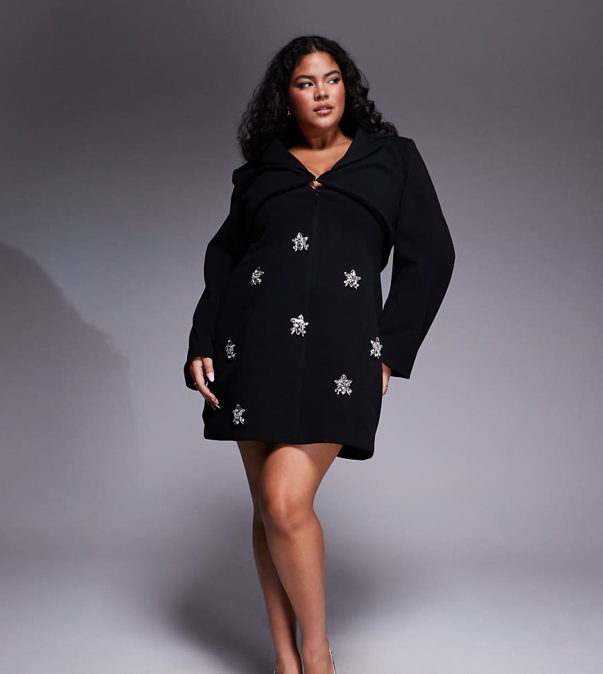 ASOS LUXE Curve - Elegantes, strukturiertes, langärmliges Kleid in Schwarz mit Verzierung von ASOS LUXE