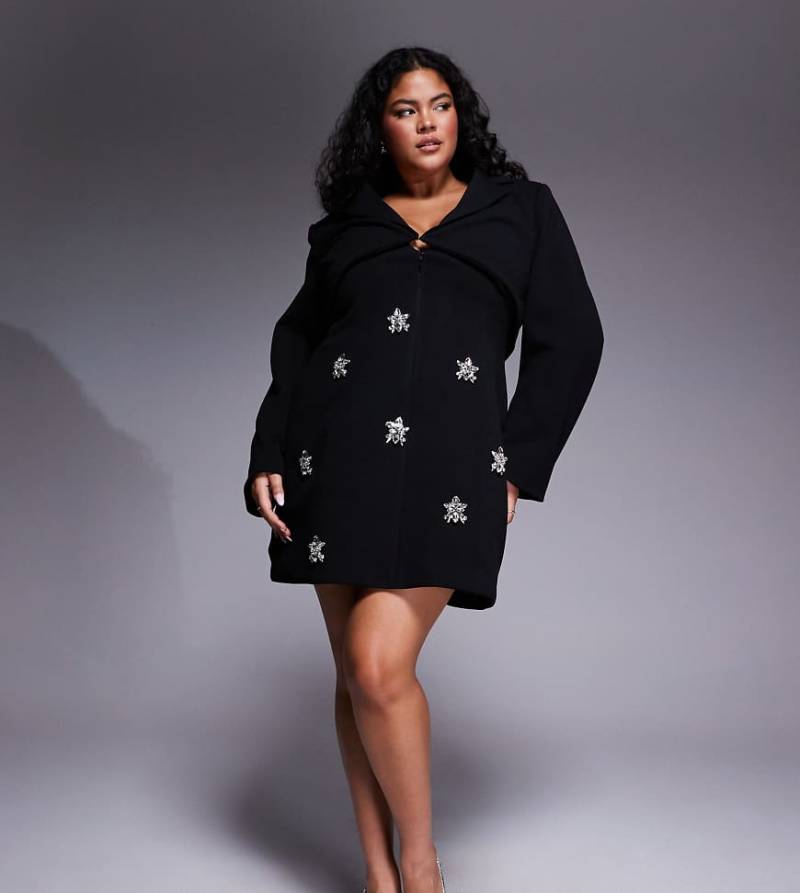 ASOS LUXE Curve - Elegantes, strukturiertes, langärmliges Kleid in Schwarz mit Verzierung von ASOS LUXE