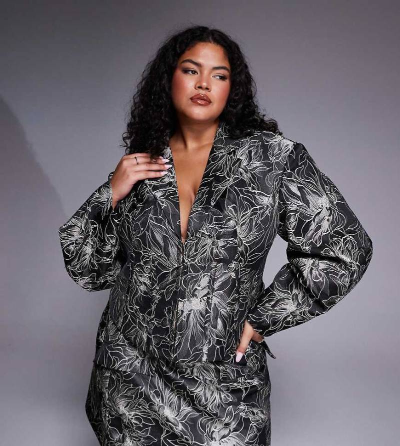 ASOS LUXE Curve - Geformter Jacquard-Blazer in Schwarz mit Blumenmuster, Kombiteil-Bunt von ASOS LUXE