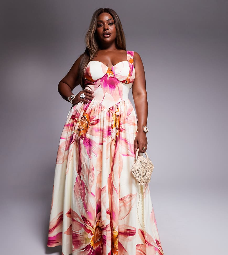 ASOS LUXE Curve - Hochwertiges Maxikleid mit überdimensionalem Blumenmuster-Weiß von ASOS LUXE