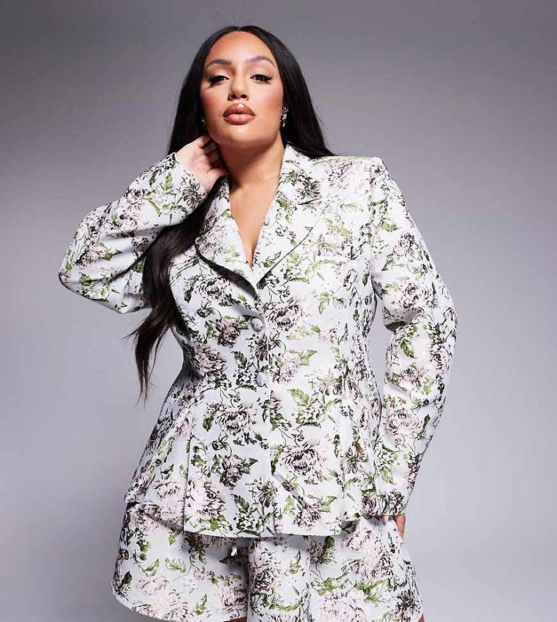 ASOS LUXE Curve - Jacquard-Blazer mit Schnürung und Vintage-Blumenmuster, Kombiteil-Bunt von ASOS Luxe