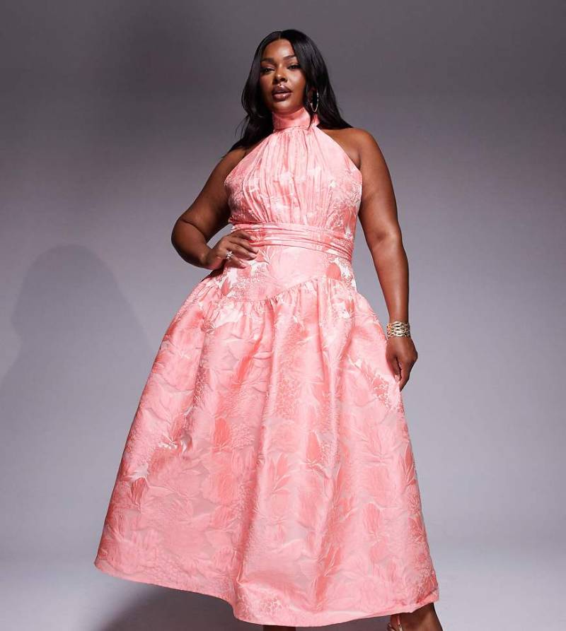 ASOS LUXE Curve - Jacquard-Maxikleid mit Schleife und Blumenmuster in leuchtendem Rosa von ASOS Luxe