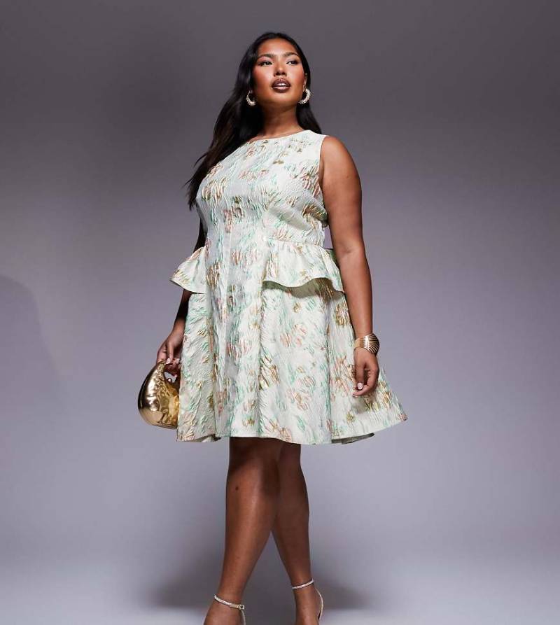 ASOS LUXE Curve - Jacquard-Minikleid in Salbeigrün mit Rückenschleife und Blumenmuster von ASOS LUXE