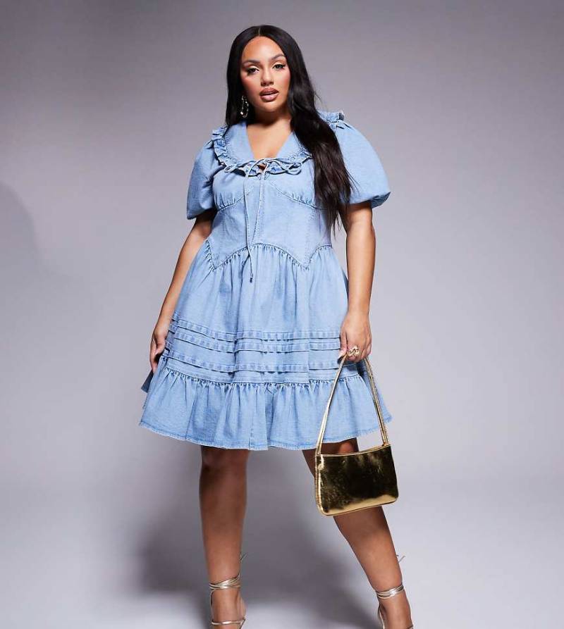 ASOS LUXE Curve - Jeans-Minikleid in Blau mit Puffärmeln und Kragen-Schwarz von ASOS LUXE