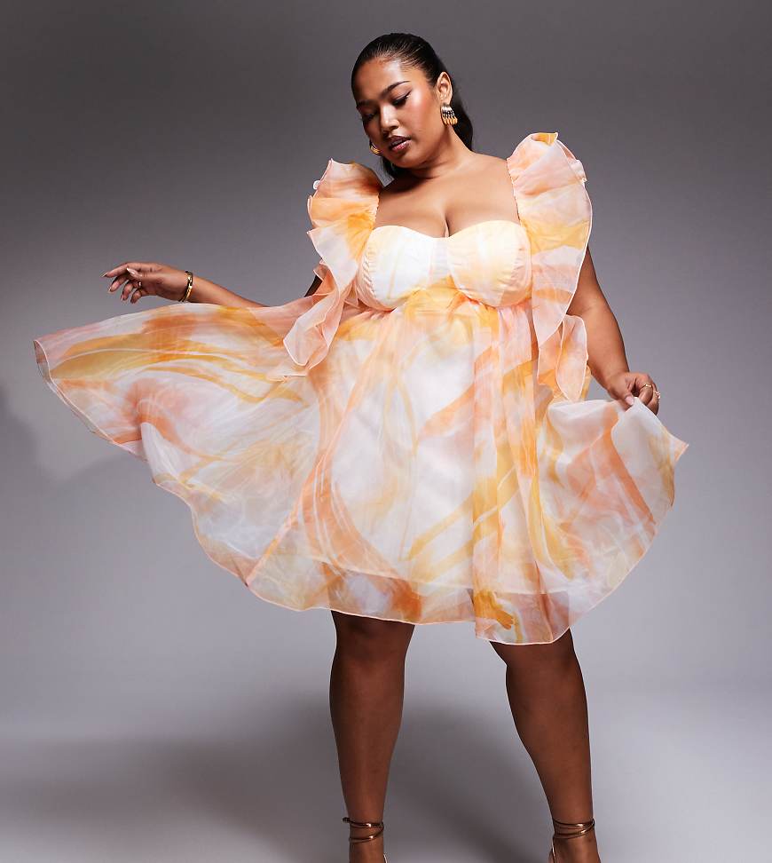 ASOS LUXE Curve - Kurzes Babydoll-Skater-Kleid aus Organza in Orange mit Blumenmuster von ASOS LUXE