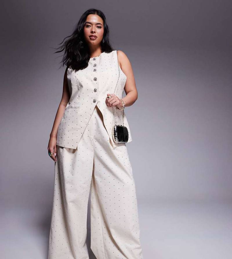 ASOS LUXE Curve - Leinenhose in Creme mit Hotfix-Verzierung und weitem Bein, Kombiteil-Weiß von ASOS LUXE
