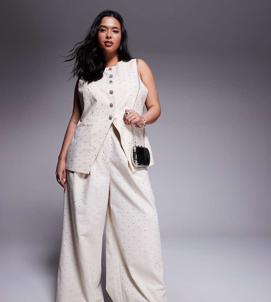 ASOS LUXE Curve - Leinenhose in Creme mit Hotfix-Verzierung und weitem Bein, Kombiteil-Weiß von ASOS LUXE