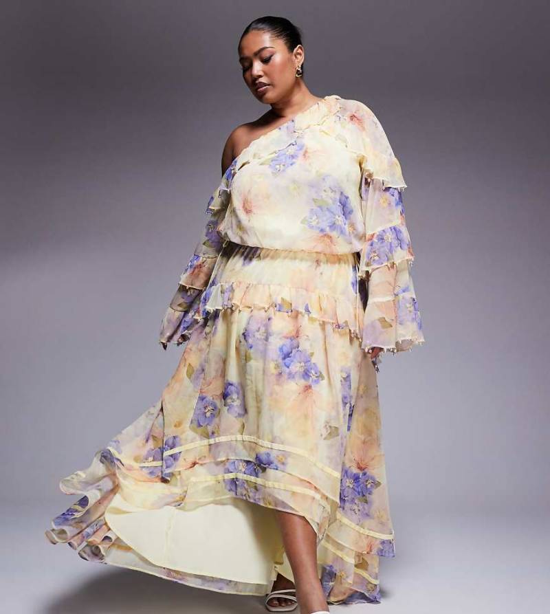 ASOS LUXE Curve - Markantes Maxikleid aus Chiffon mit Perlenverzierungen und Blumenmuster-Rosa von ASOS LUXE