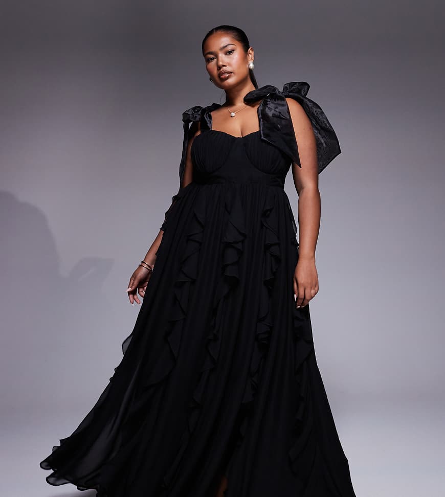 ASOS LUXE Curve - Maxikleid in Schwarz mit Wasserfall-Rüschen und gebundenen Trägern von ASOS LUXE