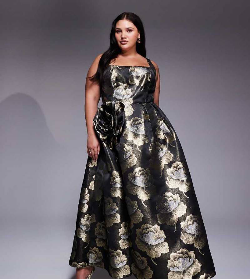 ASOS LUXE Curve - Maxikleid in Schwarz und Gold aus 3D-Blumen-Jacquard-Bunt von ASOS Luxe