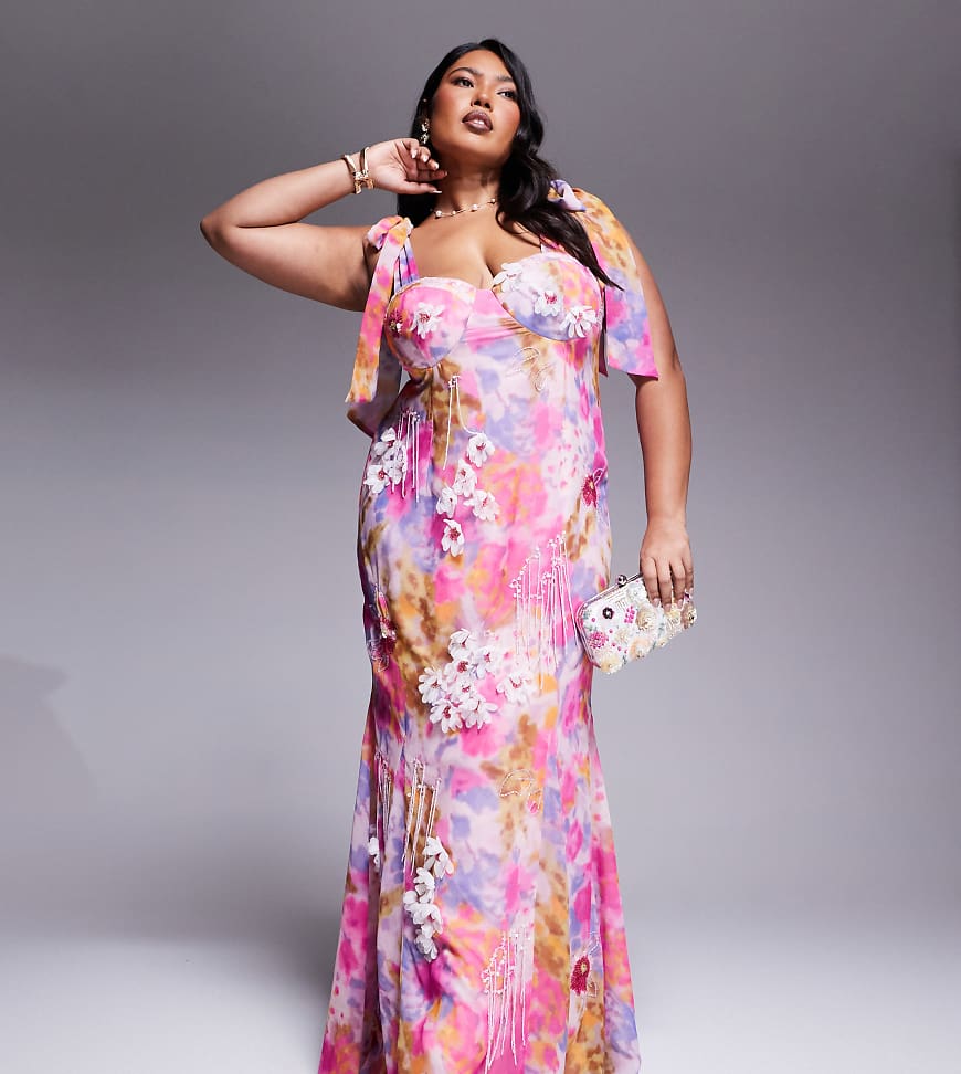 ASOS LUXE Curve - Maxikleid mit Blumenmuster und Verzierung-Rosa von ASOS LUXE