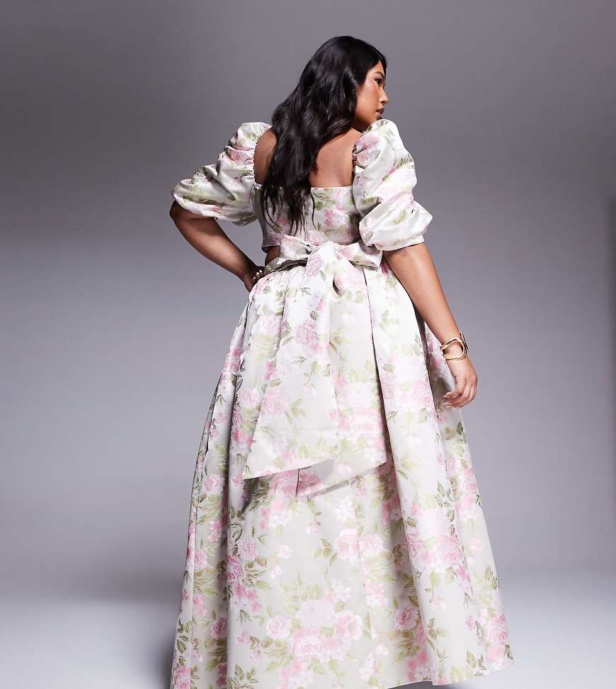 ASOS LUXE Curve - Maxirock mit Jacquard-Tulpenmuster und Schleife hinten, Kombiteil-Bunt von ASOS LUXE