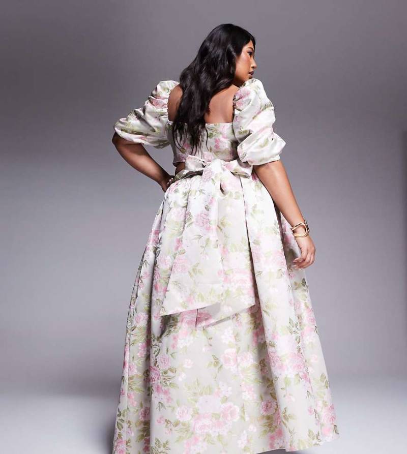 ASOS LUXE Curve - Maxirock mit Jacquard-Tulpenmuster und Schleife hinten, Kombiteil-Bunt von ASOS LUXE