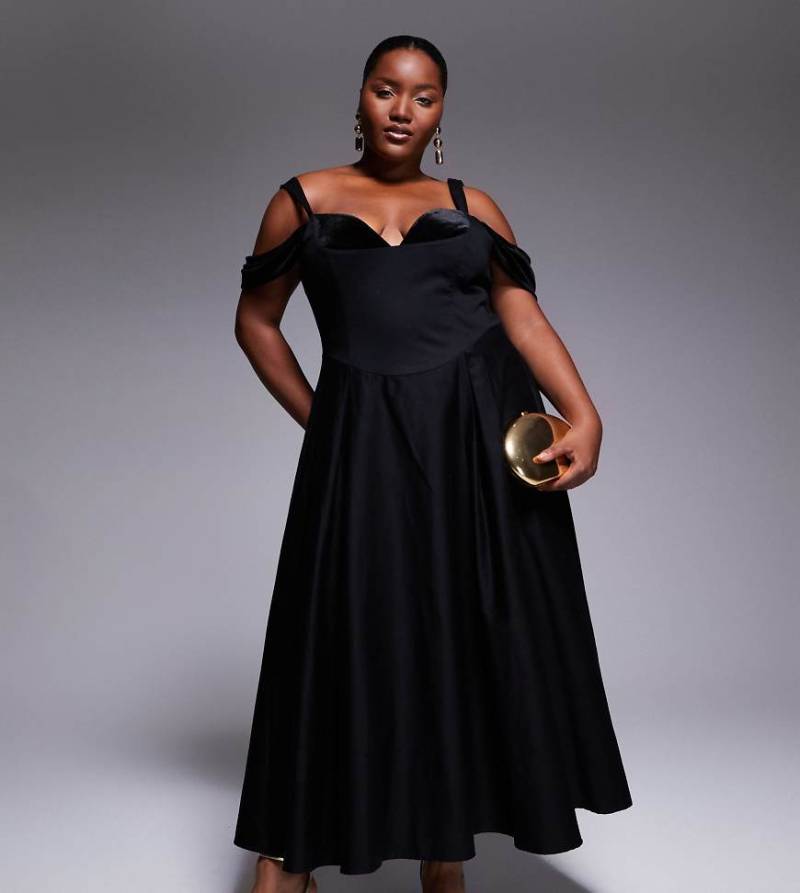 ASOS LUXE Curve - Midikleid in Schwarz mit weitem Rock und Samteinsätzen ASOS LUXE Curve - Midikleid in Schwarz mit weitem Rock und Samteinsätzen von ASOS LUXE
