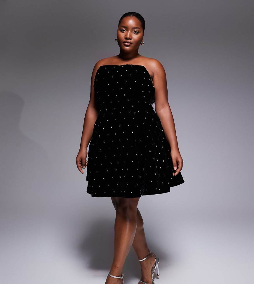 ASOS LUXE Curve - Minikleid aus gestepptem Samt in Schwarz mit Schmucksteinen von ASOS Luxe