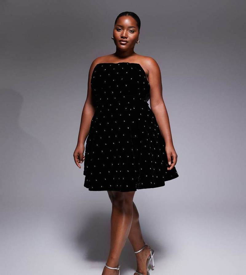 ASOS LUXE Curve - Minikleid aus gestepptem Samt in Schwarz mit Schmucksteinen von ASOS Luxe