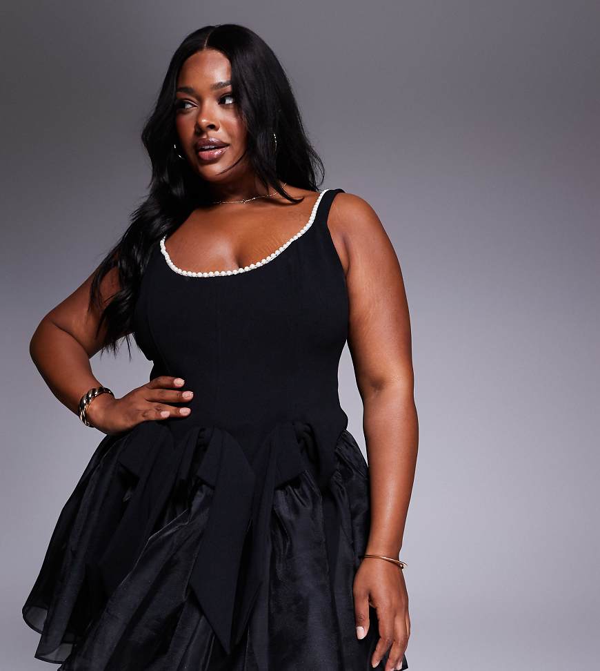 ASOS LUXE Curve - Minikleid in Schwarz mit Perlenverzierung, Korsett-Design und Schleifen von ASOS LUXE
