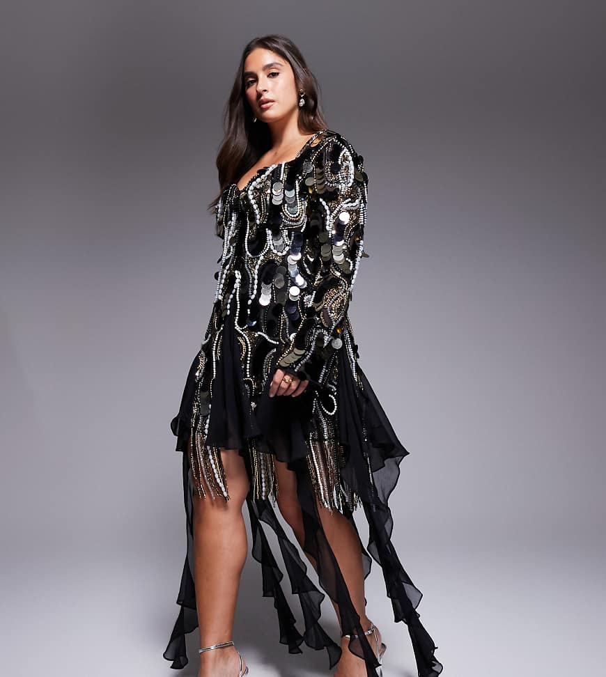 ASOS LUXE Curve - Minikleid in Schwarz mit verziertem Besatz aus Chiffon ASOS LUXE Curve - Minikleid in Schwarz mit verziertem Besatz aus Chiffon von ASOS LUXE