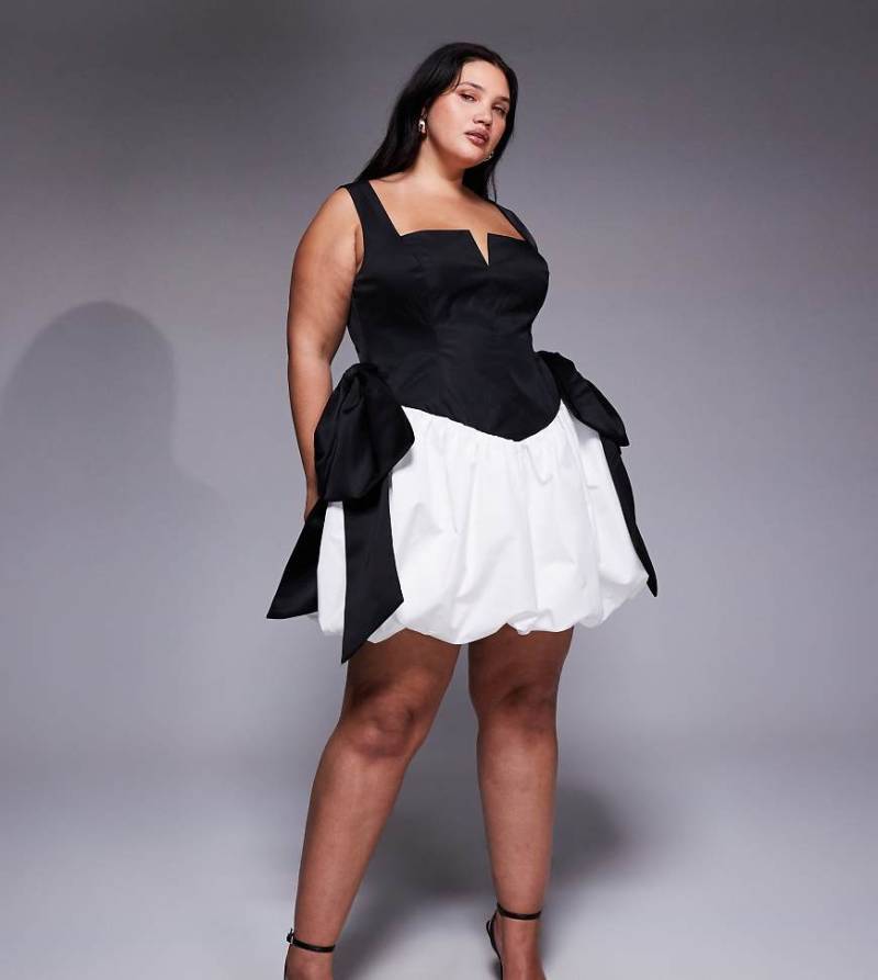 ASOS LUXE Curve - Minikleid in Schwarzweiß mit Schleife und Ballonsaum von ASOS LUXE
