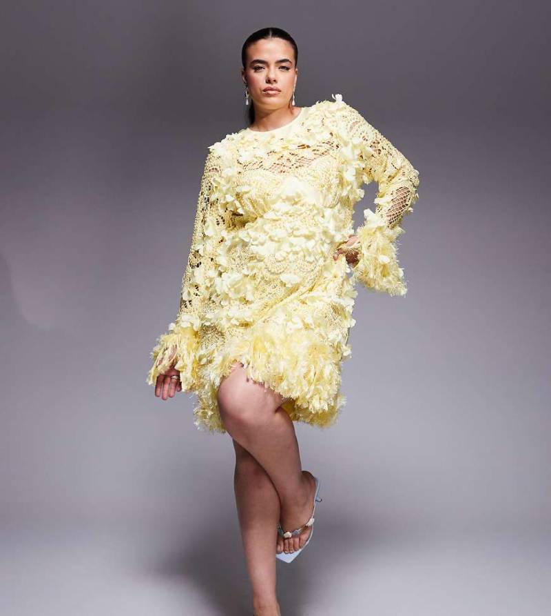 ASOS LUXE Curve - Minikleid mit Lochmuster in Buttermilch mit 3D-Blumenverzierung und Kunstfederbesatz-Gelb von ASOS LUXE