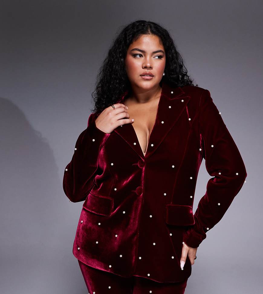 ASOS LUXE Curve - Samt-Blazer in Burgunderrot mit Perlenverzierung, Kombiteil von ASOS LUXE