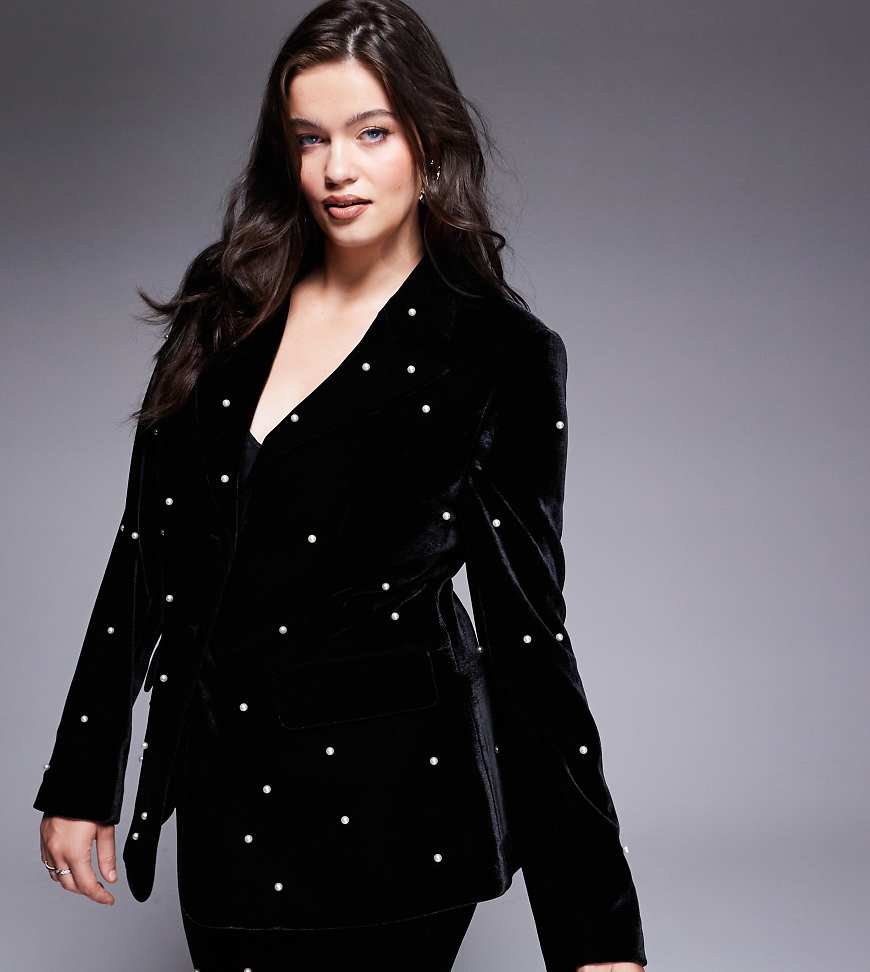 ASOS LUXE Curve - Samt-Blazer in Schwarz mit Perlenverzierung, Kombiteil ASOS LUXE Curve - Samt-Blazer in Schwarz mit Perlenverzierung, Kombiteil von ASOS LUXE