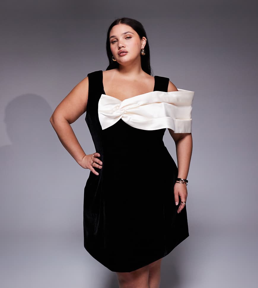 ASOS LUXE Curve - Samt-Minikleid in Schwarz mit strukturiertem Satin-Faltenwurf von ASOS Luxe