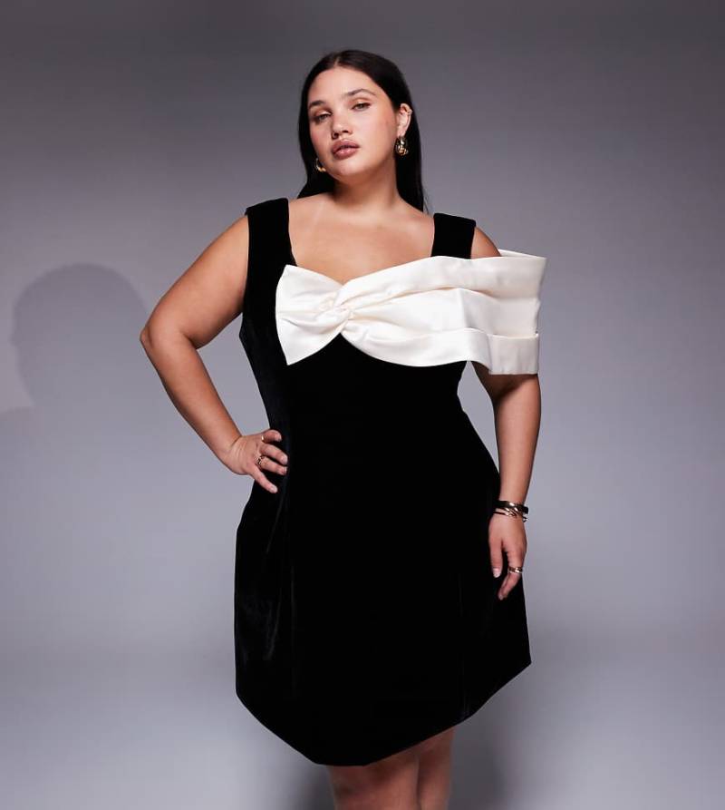 ASOS LUXE Curve - Samt-Minikleid in Schwarz mit strukturiertem Satin-Faltenwurf von ASOS Luxe