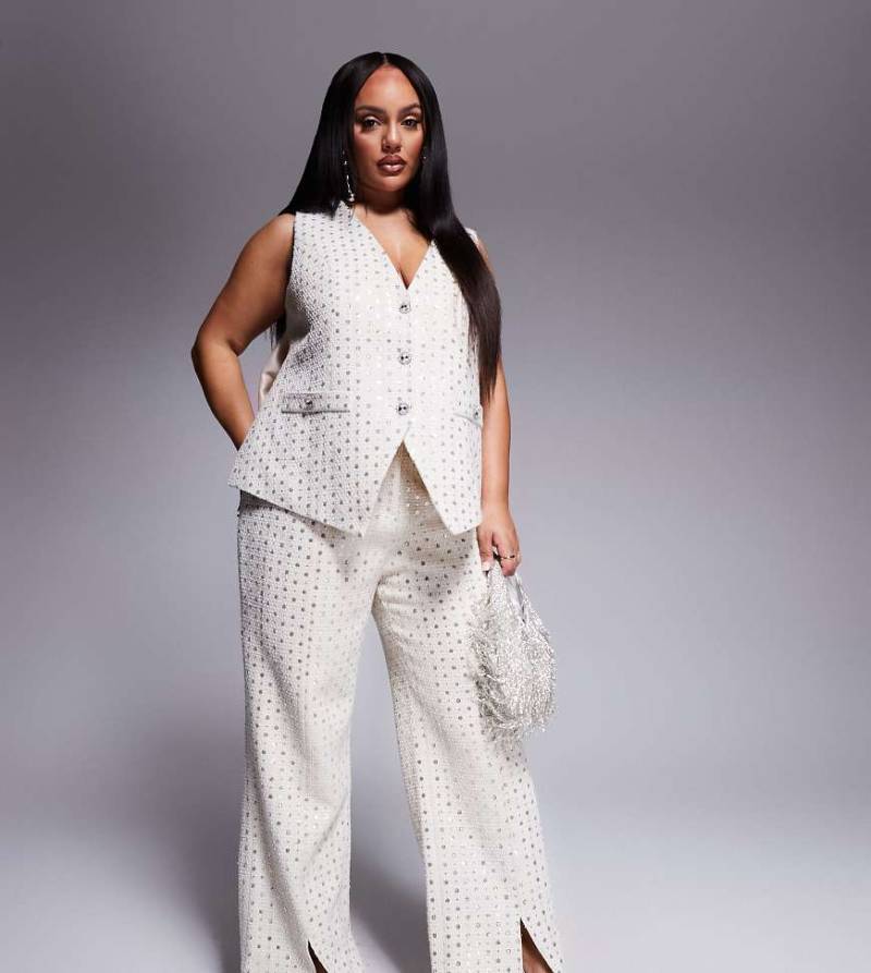 ASOS LUXE Curve - Verzierte Bouclé-Hose in Cremeweiß, Kombiteil von ASOS LUXE