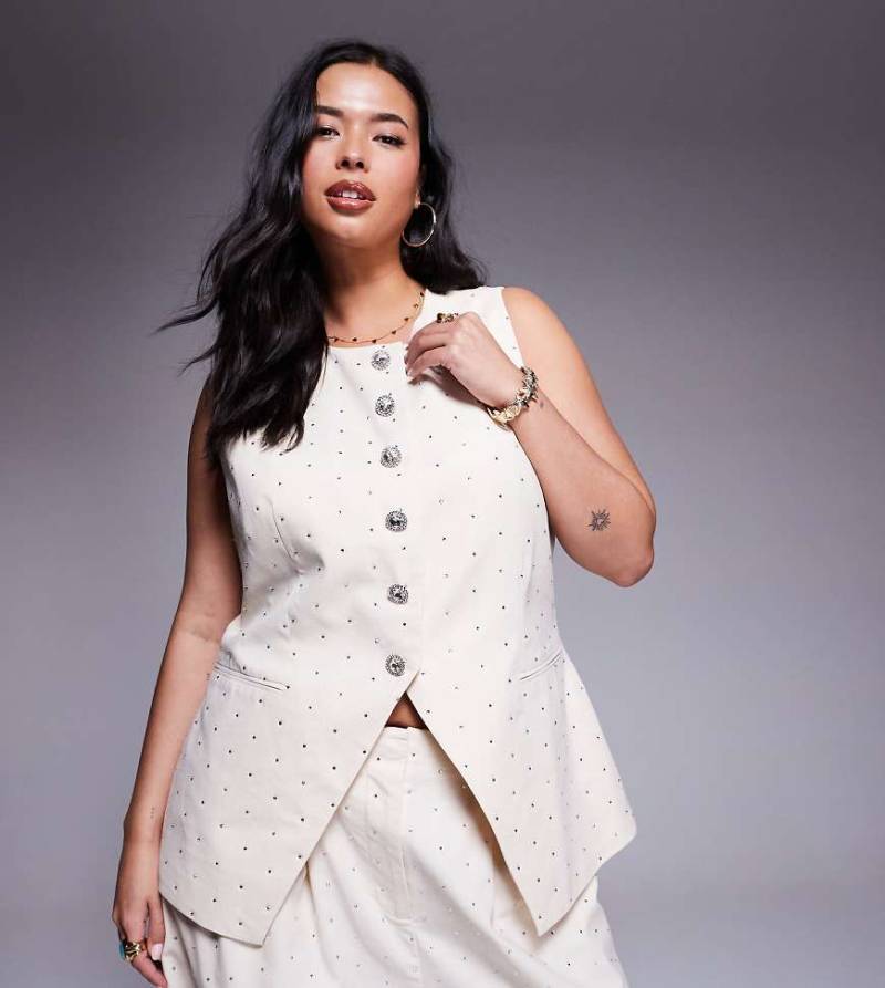 ASOS LUXE Curve - Westen-Top aus Leinen in Creme mit Hotfix-Verzierung, Kombiteil-Weiß von ASOS Luxe