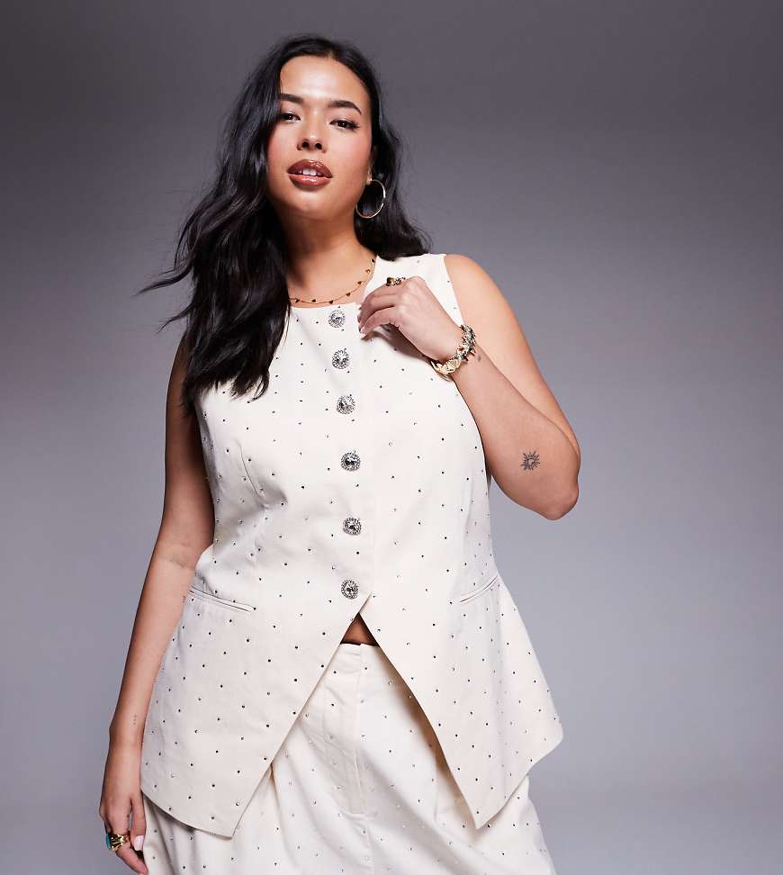 ASOS LUXE Curve - Westen-Top aus Leinen in Creme mit Hotfix-Verzierung, Kombiteil-Weiß von ASOS LUXE