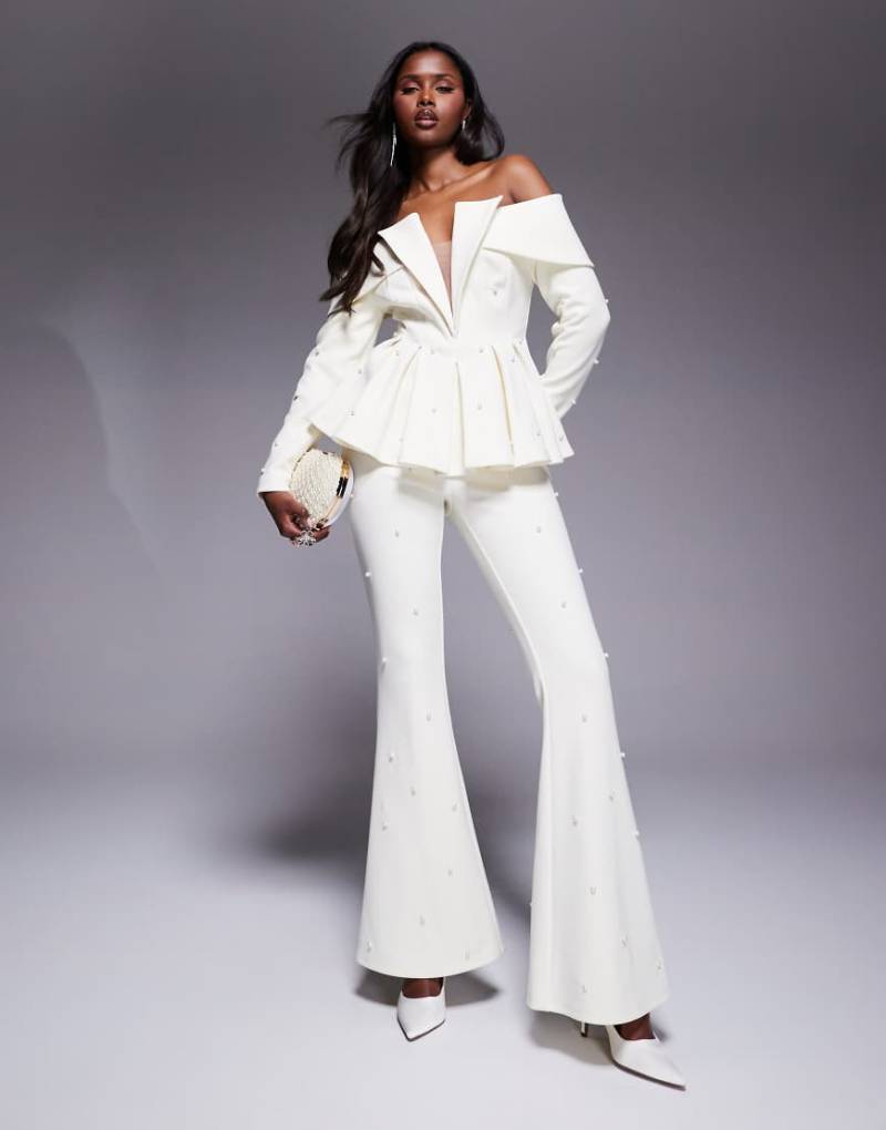 ASOS LUXE - Elegante Hose in Creme mit Perlenverzierung, Kombiteil-Weiß von ASOS Luxe