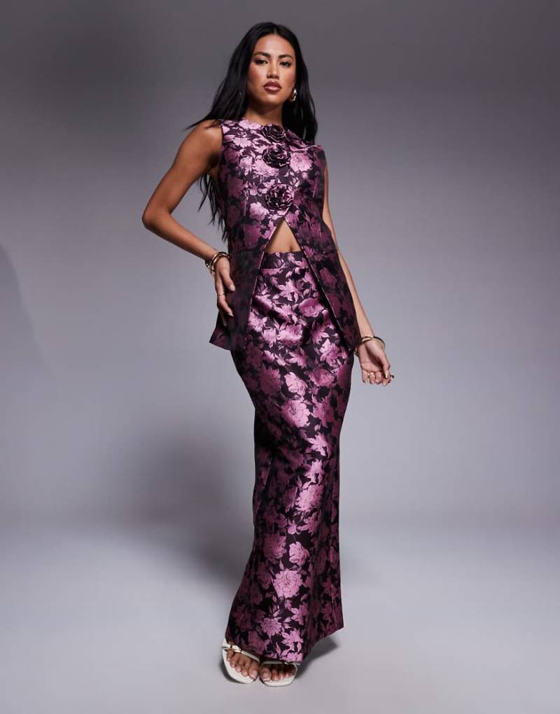 ASOS LUXE - Eleganter Jacquard-Rock mit geschlitzter Rückseite und rosa Blumenmuster, Kombiteil-Bunt von ASOS Luxe