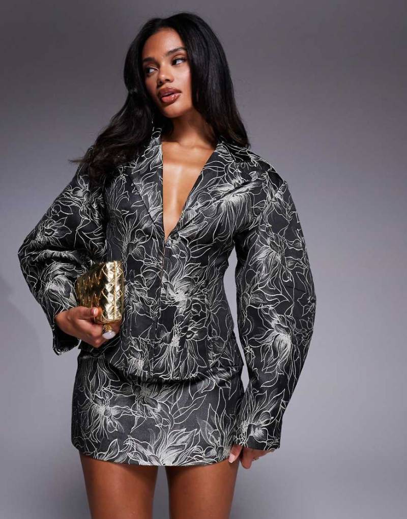 ASOS LUXE - Geformter Jacquard-Blazer in Schwarz mit Blumenmuster, Kombiteil von ASOS LUXE