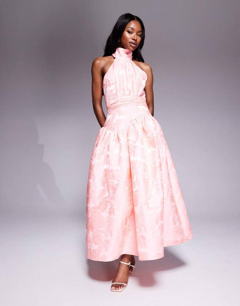 ASOS LUXE - Jacquard-Maxikleid mit Schleife und Blumenmuster in leuchtendem Rosa von ASOS Luxe