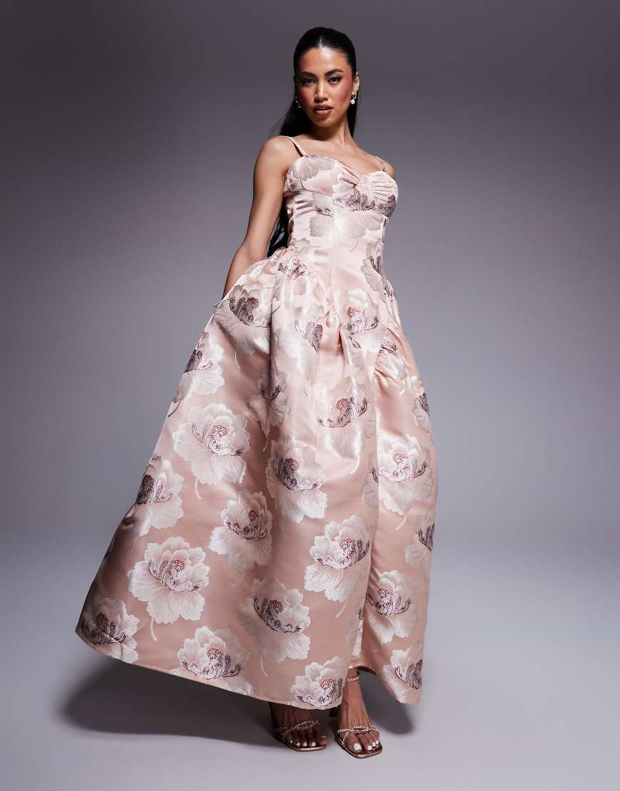 ASOS LUXE - Jacquard-Maxikleid mit tiefer Taille und Blumenmuster in Champagner-Rosa von ASOS LUXE