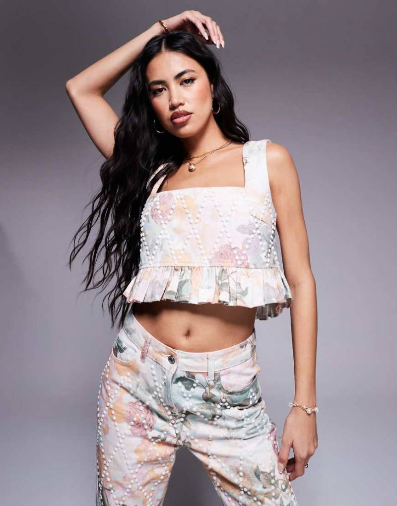 ASOS LUXE - Jeans-Oberteil mit Blumenmuster und Perlenverzierung, Kombiteil-Bunt von ASOS Luxe