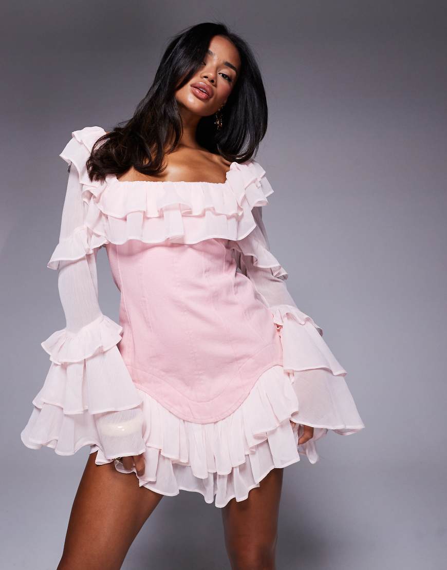 ASOS LUXE - Kurzes Korsett-Jeanskleid in Rosa mit Chiffon-Ärmeln und Chiffon-Saum ASOS LUXE - Kurzes Korsett-Jeanskleid in Rosa mit Chiffon-Ärmeln und Chiffon-Saum von ASOS LUXE