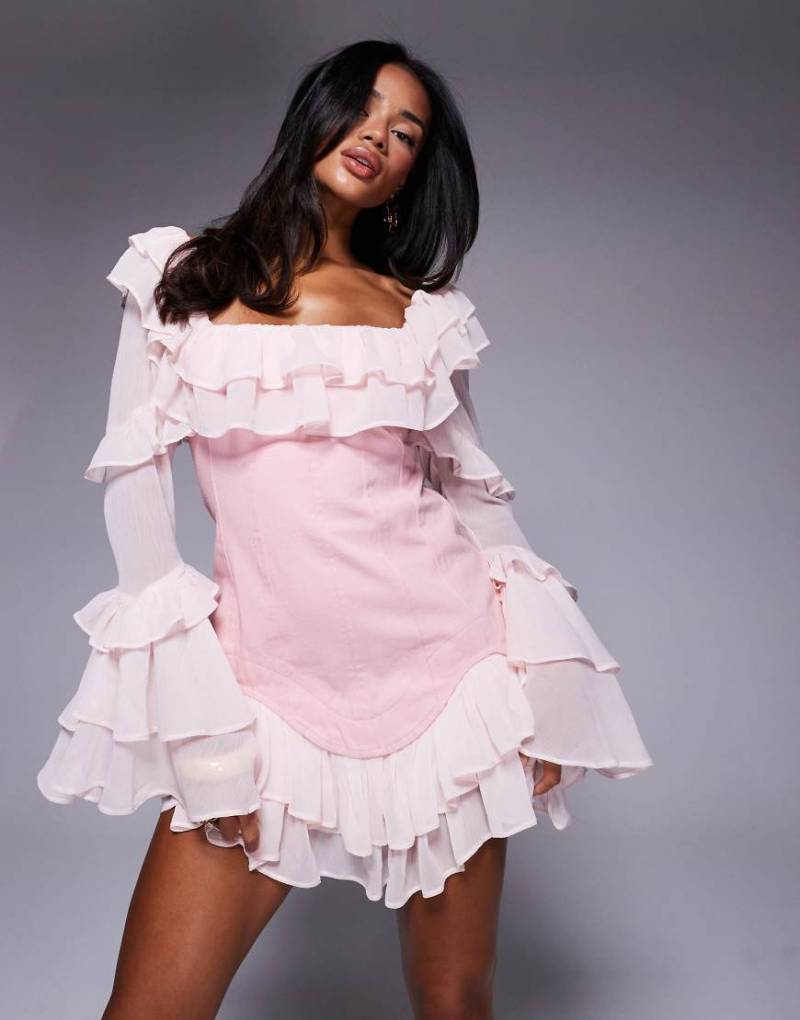 ASOS LUXE - Kurzes Korsett-Jeanskleid in Rosa mit Chiffon-Ärmeln und Chiffon-Saum von ASOS Luxe