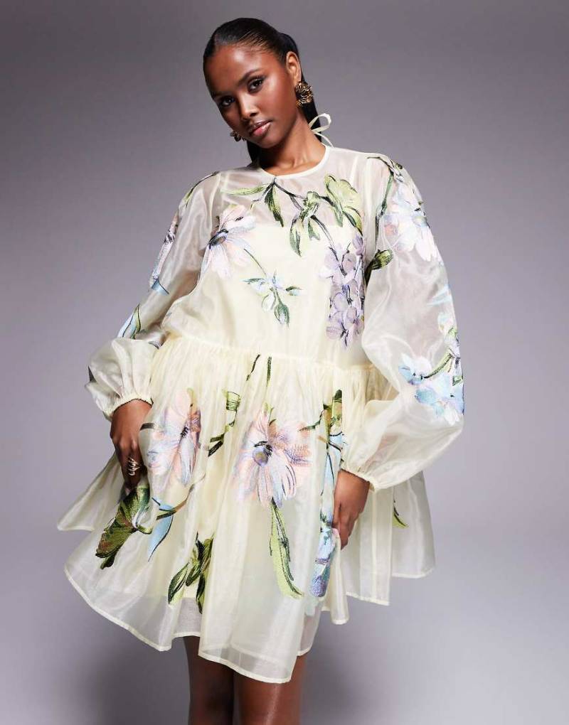 ASOS LUXE - Kurzes Oversize-Hängerkleid in Buttermilchgelb aus Organza mit Blumenstickerei ASOS LUXE - Kurzes Oversize-Hängerkleid in Buttermilchgelb aus Organza mit Blumenstickerei von ASOS LUXE